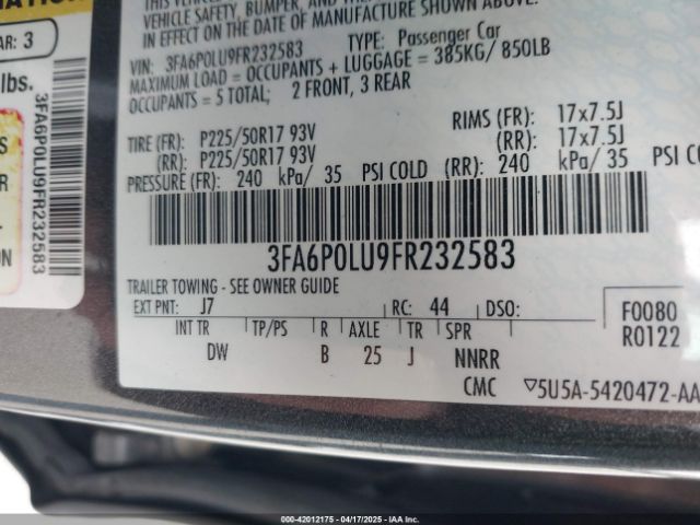3FA6P0LU9FR232583 Ford Fusion Hybrid Se