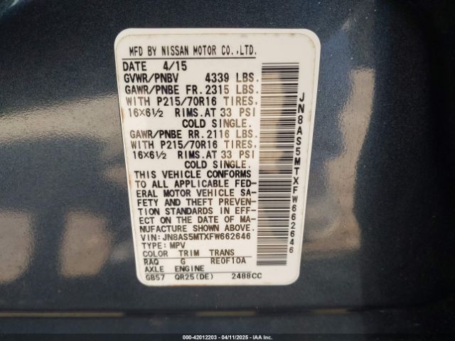 JN8AS5MTXFW662646 Nissan Rogue Select S