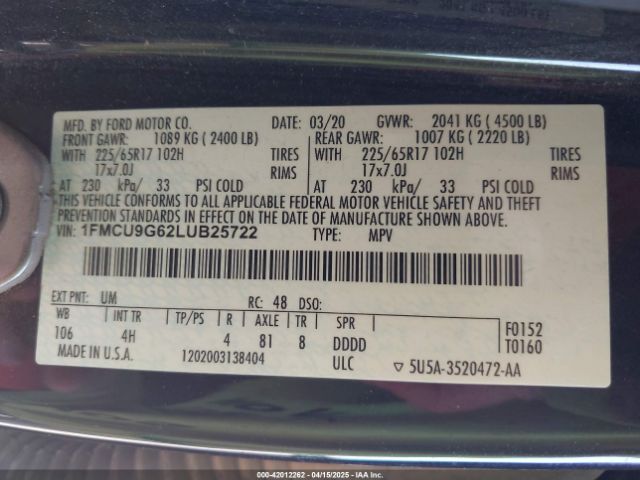 1FMCU9G62LUB25722 Ford ESCAPE SE