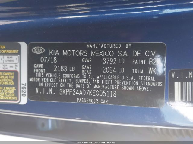 3KPF34AD7KE005118 KIA FORTE S