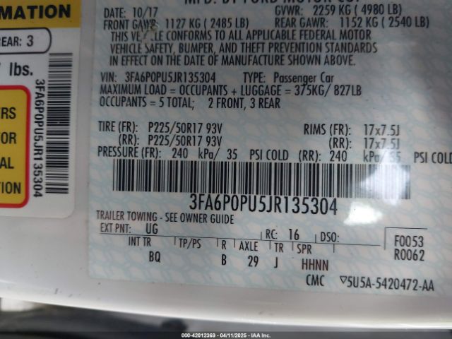 3FA6P0PU5JR135304 Ford Fusion Energi Se Luxury