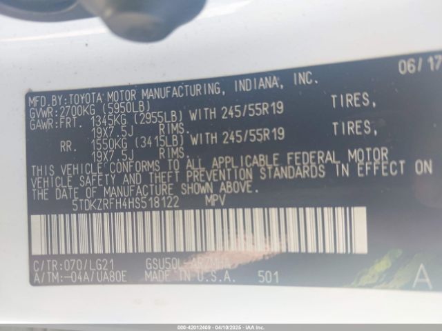 5TDKZRFH4HS518122 Toyota Highlander Se