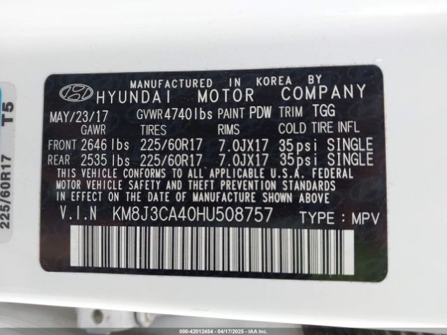 KM8J3CA40HU508757 Hyundai TUCSON SE