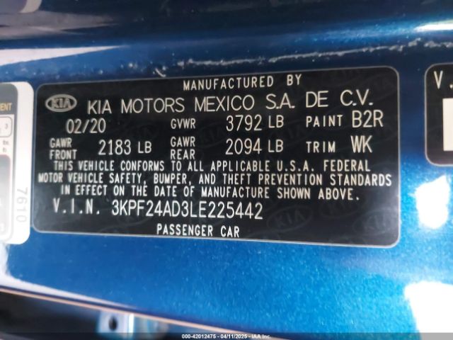 3KPF24AD3LE225442 KIA Forte Lxs