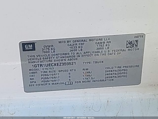 1GTR1UECXEZ359521 GMC Sierra 1500 Sle