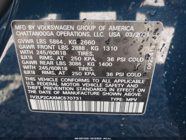 1V2LP2CAXMC570731 Volkswagen Atlas 2.0t Se