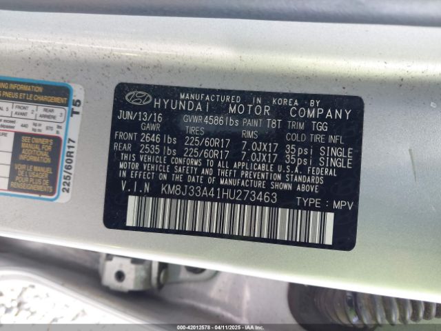 KM8J33A41HU273463 Hyundai TUCSON SE