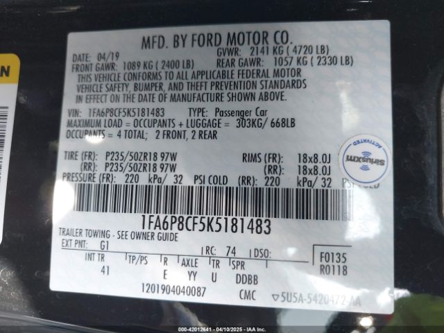 1FA6P8CF5K5181483 Ford Mustang Gt Premium