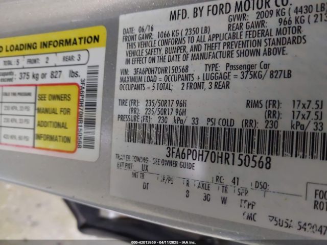 2017 FORD FUSION 3FA6P0H70HR150568 Photo 8