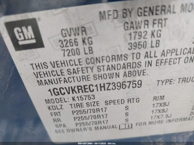 1GCVKREC1HZ396759 Chevrolet Silverado 1500 1lt