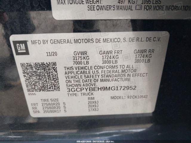 3GCPYBEH9MG172952 Chevrolet Silverado 1500 4wd  Short Bed Custom
