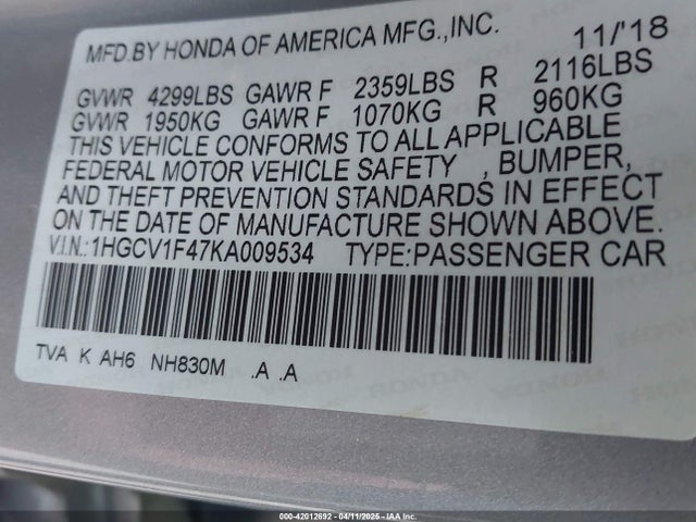 1HGCV1F47KA009534 Honda ACCORD EX