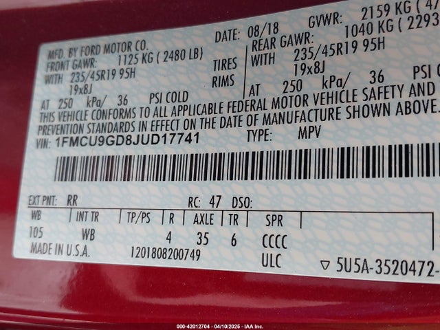 1FMCU9GD8JUD17741 Ford ESCAPE SE