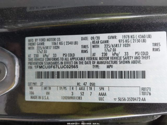 1FMCU0F67LUC02565 Ford ESCAPE S