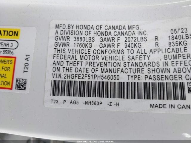 2023 HONDA CIVIC 2HGFE2F51PH546050 Photo 8