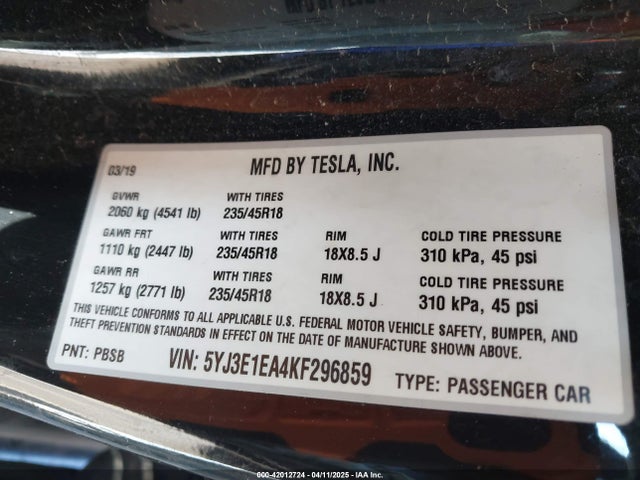 2019 TESLA MODEL 3 5YJ3E1EA4KF296859 Photo 8