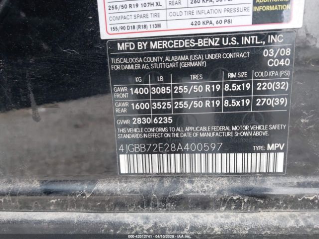 2008 MERCEDES-BENZ ML 550 4JGBB72E28A400597 Photo 8
