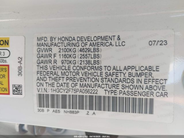 1HGCY2F75PA056222 Honda Accord Hybrid Sport-l