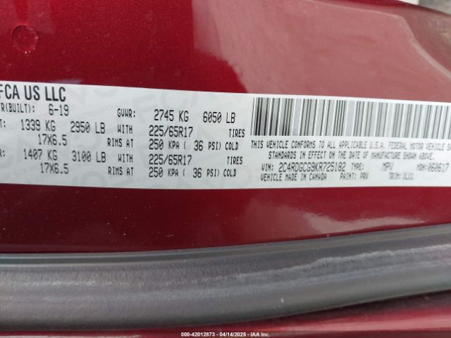 2C4RDGCG9KR725182 Dodge Grand Caravan Sxt
