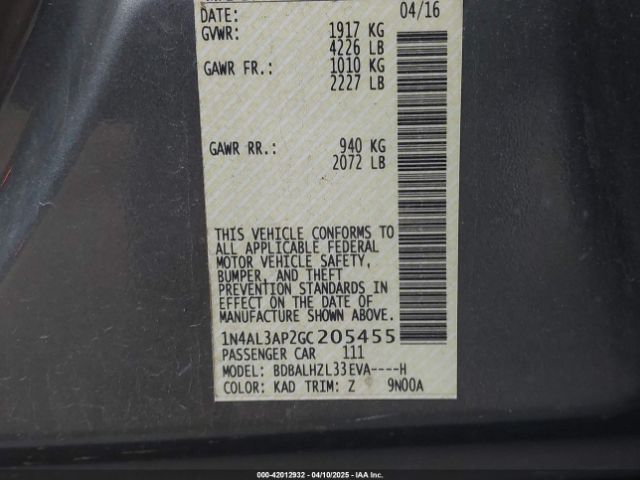 1N4AL3AP2GC205455 Nissan Altima 2.5 Sr