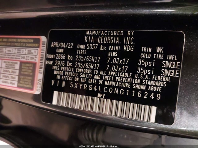 5XYRG4LC0NG116249 KIA SORENTO LX