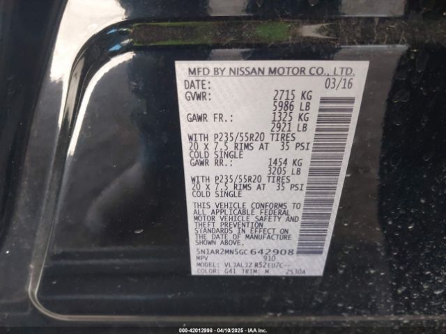 5N1AR2MN5GC642908 Nissan Pathfinder Platinum