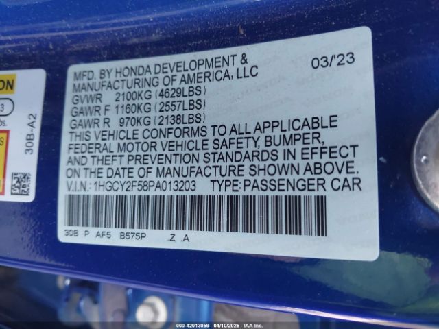 1HGCY2F58PA013203 Honda Accord Hybrid Sport