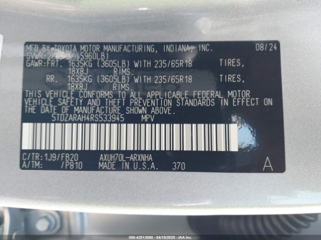 2024 TOYOTA HIGHLANDER HYBRID 5TDZARAH4RS533945 Photo 8