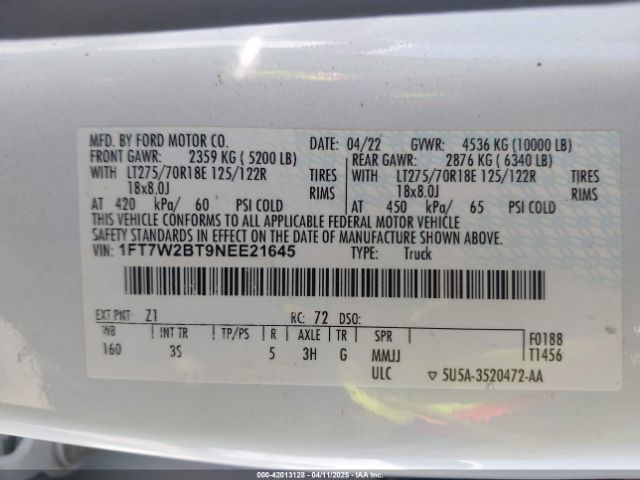 1FT7W2BT9NEE21645 Ford F-250 Xlt