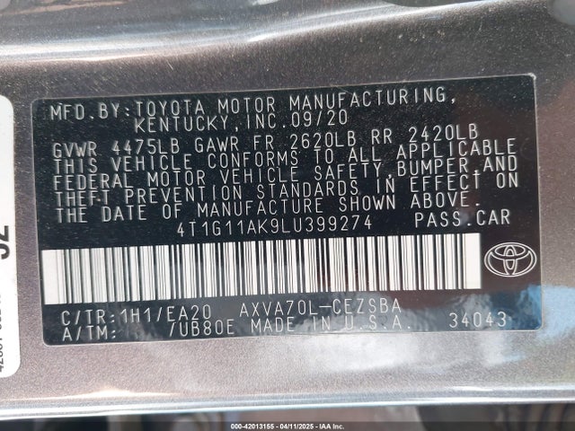 4T1G11AK9LU399274 Toyota a25a-fks