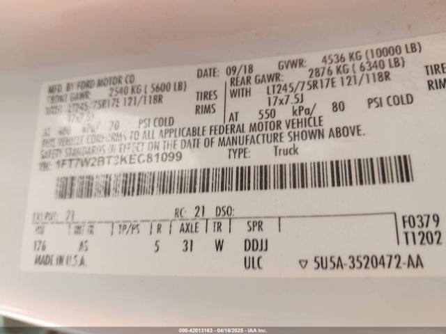1FT7W2BT3KEC81099 Ford F-250 Xl