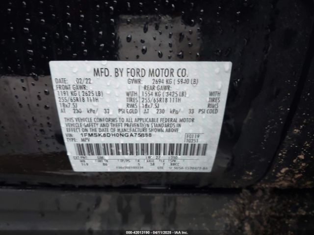 1FMSK8DH0NGA75888 Ford EXPLORER XLT