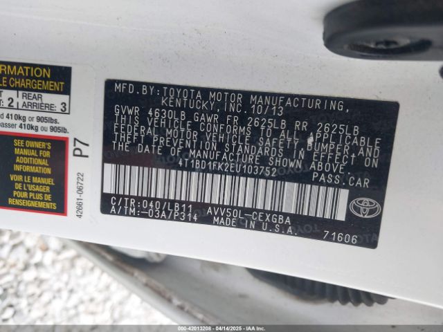 4T1BD1FK2EU103752 Toyota Camry Hybrid Xle