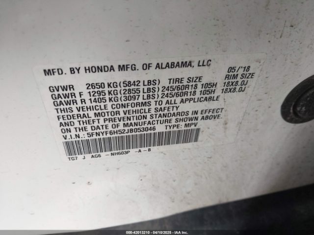 5FNYF6H52JB053046 Honda Pilot Ex-l