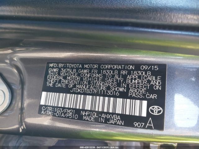 JTDKDTB37F1113016 Toyota Prius C Two