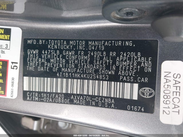 4T1B11HK4KU254853 Toyota CAMRY LE