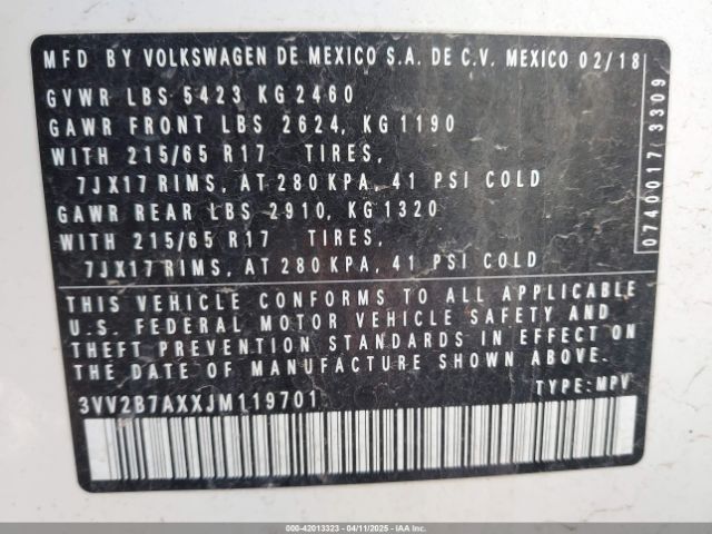 3VV2B7AXXJM119701 Volkswagen Tiguan