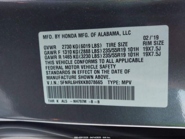 5FNRL6H9XKB078665 Honda Odyssey Elite