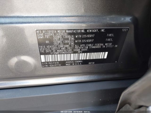 4T3RWRFV4MU049961 Toyota Rav4 Hybrid Xle