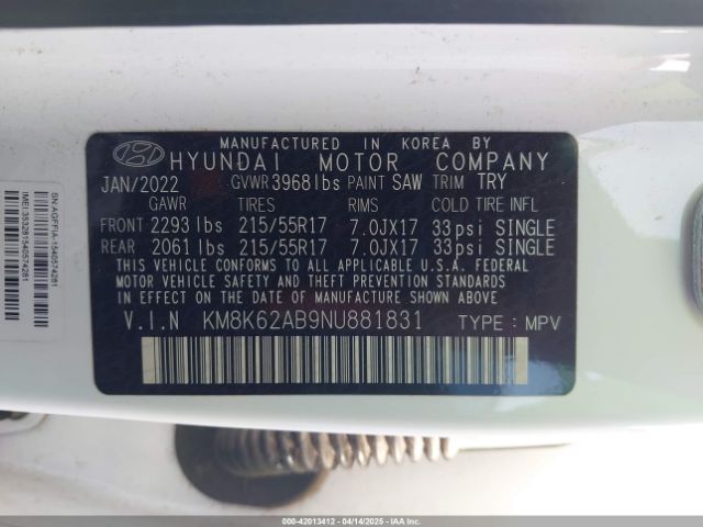 KM8K62AB9NU881831 Hyundai Kona Sel