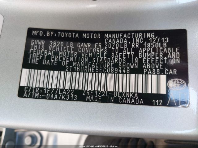 2T1BURHE5EC089448 Toyota Corolla Le Premium