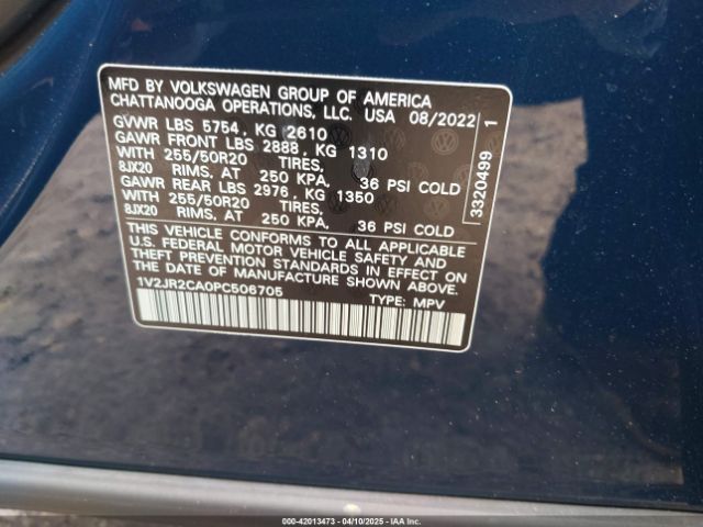 1V2JR2CA0PC506705 Volkswagen Atlas 3.6l V6 Se W/technology
