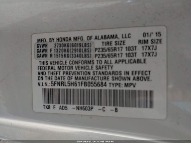 5FNRL5H61FB055684 Honda Odyssey Ex-l