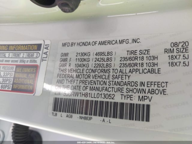 5J6RW1H81LL013052 Honda Cr-v 2wd Ex-l