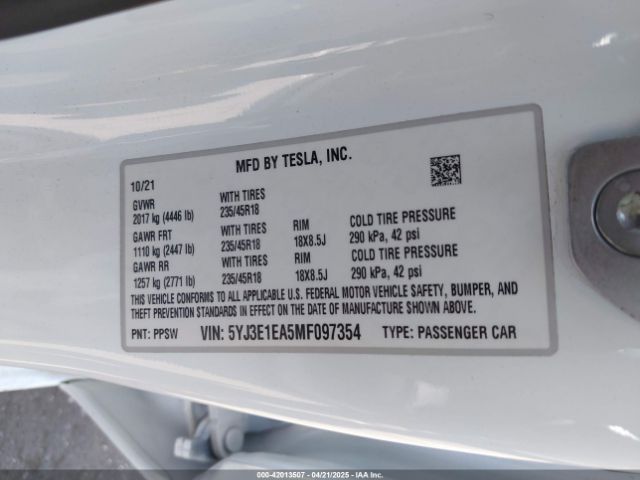 5YJ3E1EA5MF097354 Tesla Model 3 Standard Range Plus Rear-wheel Drive