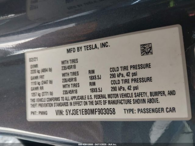 5YJ3E1EB0MF903058 Tesla Model 3 Long Range Dual Motor All-wheel Drive