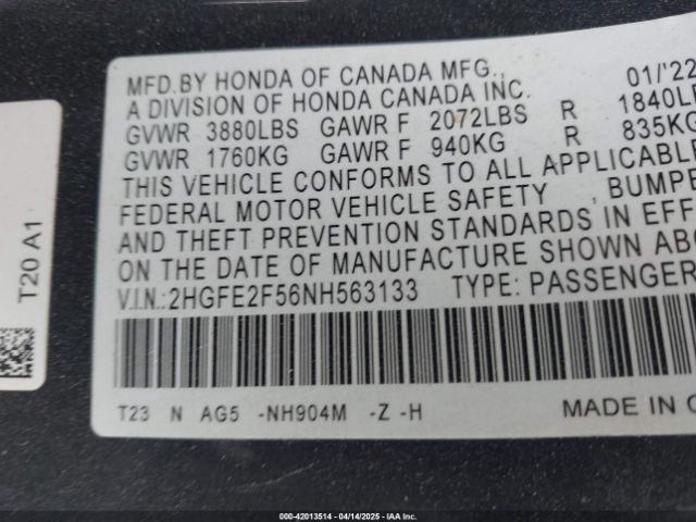 2HGFE2F56NH563133 Honda Civic Sport