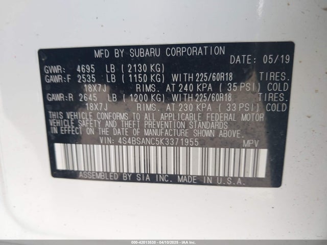 4S4BSANC5K3371955 Subaru Outback 2.5i Limited