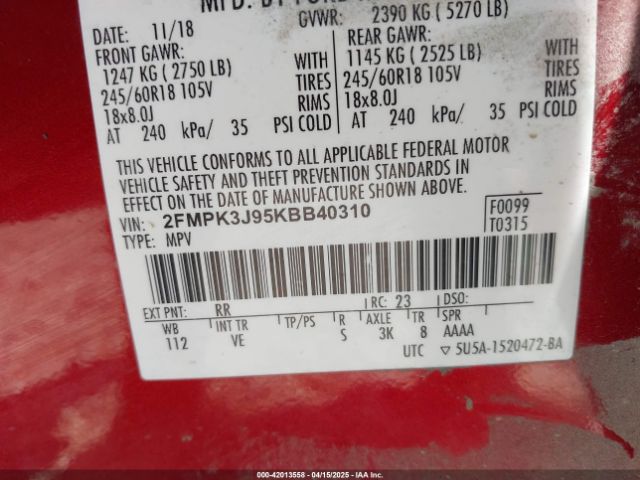 2FMPK3J95KBB40310 Ford EDGE SEL
