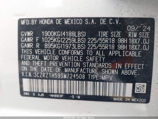 3CZRZ1H59SM724508 Honda Hr-v 2wd Sport